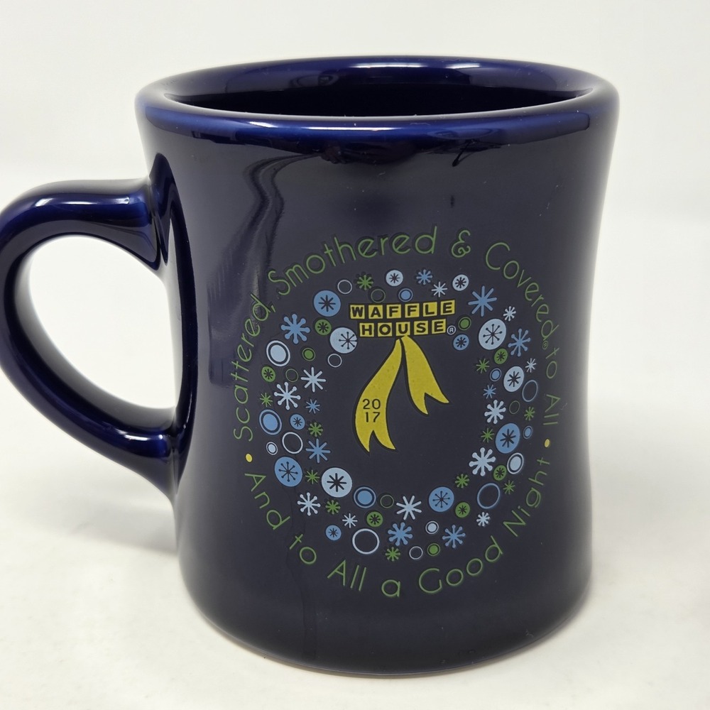 Vintage Waffle House 2017 Christmas Mug Blue Scattered Smothered Covered 9oz